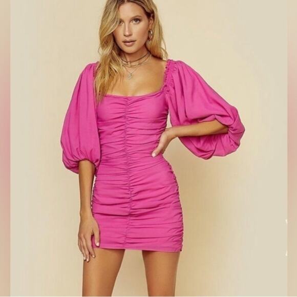 For Love And Lemons Bali Puff Sleeve Hot Barbie Pink Ruched Bodycon Mini Dress - Picture 1 of 12